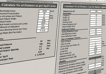 Spreadsheet for calculation of fixture number and illuminance level